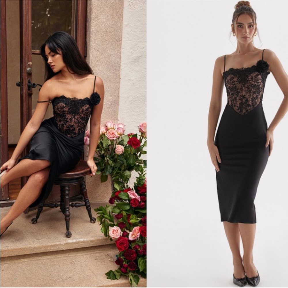 HOUSE OF CB 'Nikita' Black Satin and Lace Corset Dress NWT Size XS